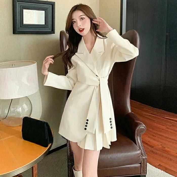 レディース 短め丈 ワンピース ドレス ジャケット プリーツ きちんと感 長袖 Vネック ウエストベルト シンプル 襟 無地 スーツコート ジャケット ロング丈 アウターコート ベルト付け ボ