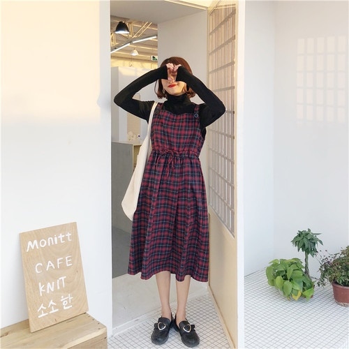 1283．チェック柄ストラップワンピース（レッド）