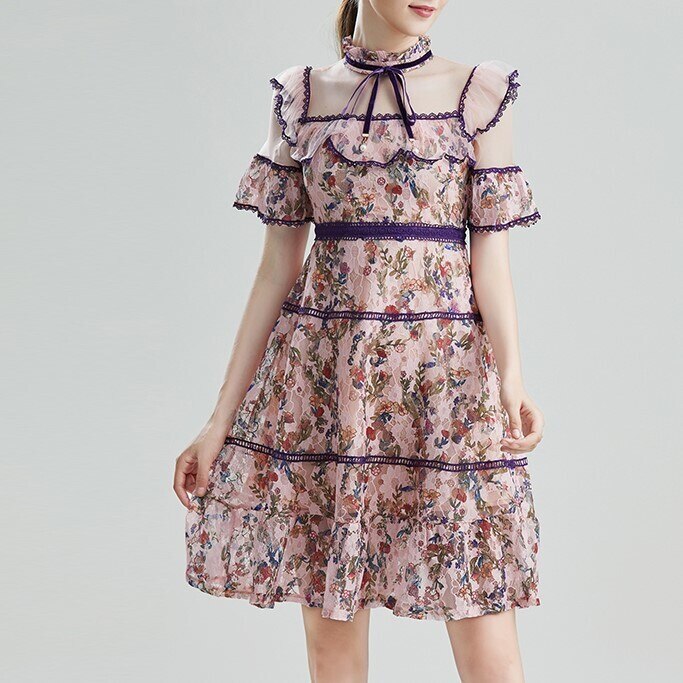 ワンピース 半袖 春 夏 秋 かわいい Aライン フレアワンピース ティアードスカート ひざ丈 膝上 ドールカラー 切り替えデザイン レース チュール シフォン フリル リボン 透け感 シースルー ピ 5,096円