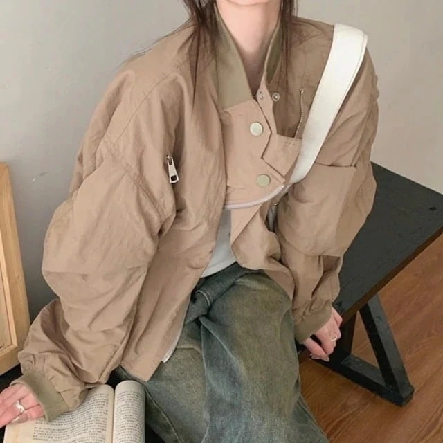 2025春夏アウター コート ジャケット トレンチ ショート丈 ジップ 斜めチャック ゆったり 春 茶色 黒 韓国ファッション レディース おしゃれ かわいい カジュアル お出かけ30%までに制限