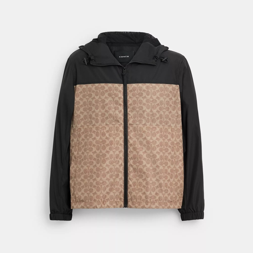 コーチシグネチャーフルジップウィンドブレーカーリサイクルポリエステル製タンシグネチャー