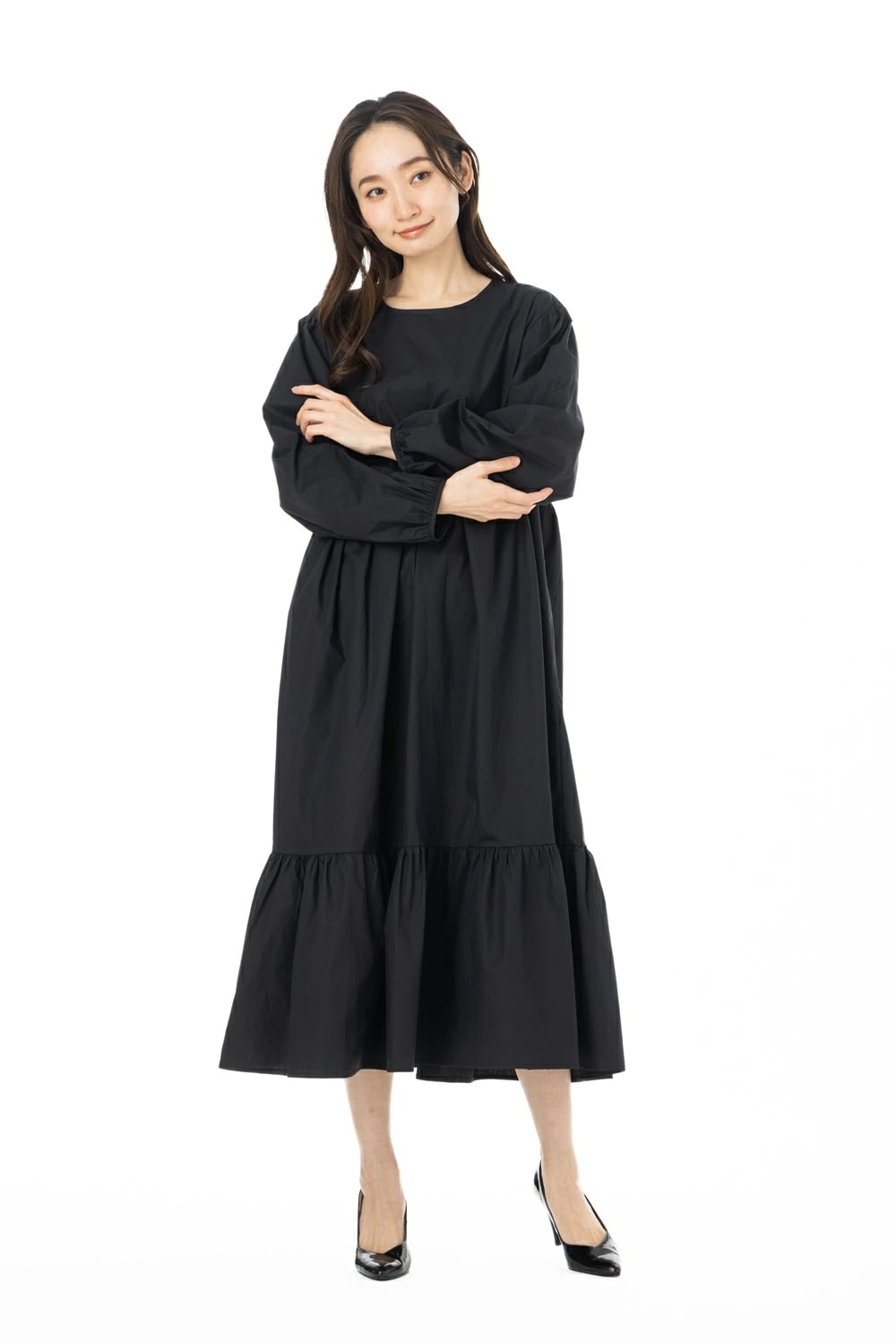 Bou Jeloud(ﾌﾞｰｼﾞｭﾙｰﾄﾞ) サイズ38 長袖 無地 ギャザー切替ワンピース ブラック