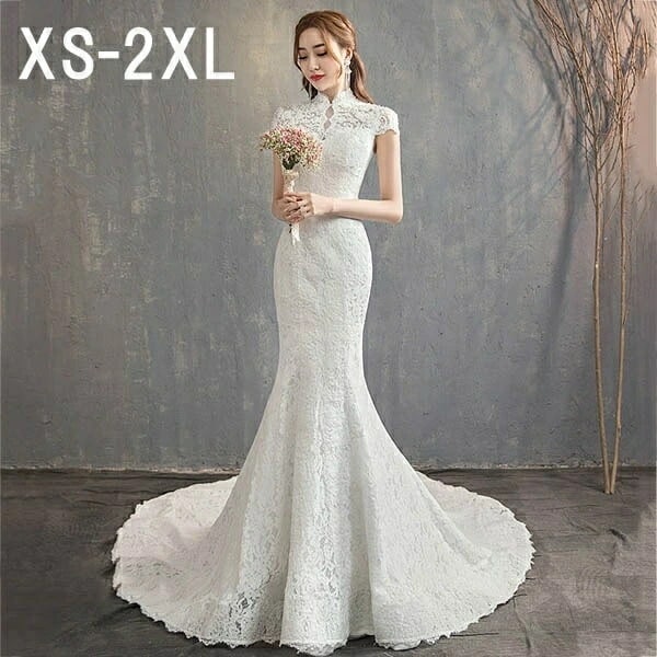 【激安開催！】ウェディングドレス 花嫁 フィッシュテール 小さいサイズ 袖あり 着痩せ 結婚式 二次会 ドレス 編み上げ 編み上げ レース ロングドレス 撮影用 韓国風 エレガント XS/M/L/XL