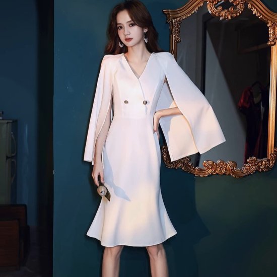 ワンピース レディース マーメイド Vネックワンピース ケープ風 ドレス ハイウエスト マント ひざ丈 ミディアム丈 きれいめ エレガント 結婚式 謝恩会 パーティードレス おしゃれ 二次会