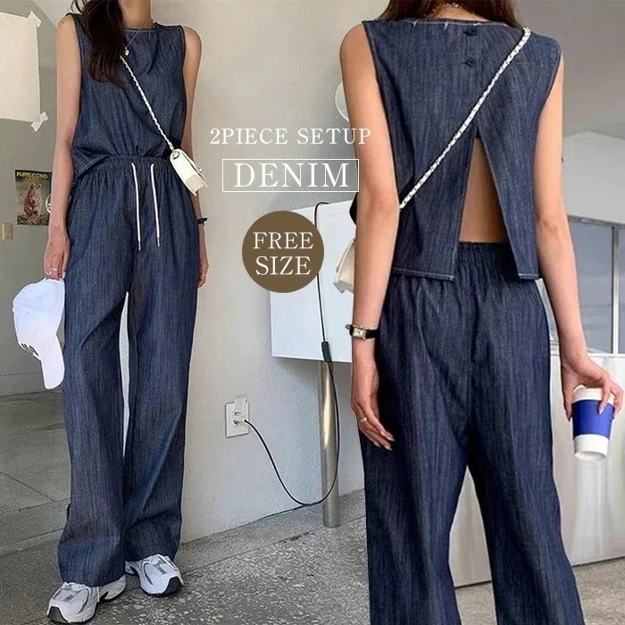 セットアップ レディース デニム ノースリーブ ブラウス バックスリット ワイドパンツ デニム 2点セット パンツ デニムワイドパンツ ブラウス バックジャン 無袖 デニム 春 秋 夏 着痩せ シンプ