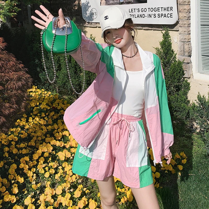 韓国ファッションレディース夏服日焼け防止パーカトップスショートパンツ軽薄涼しく楽ちんセットアップ