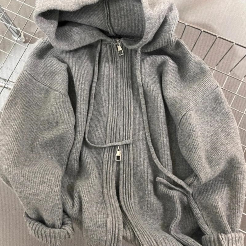 レディースグレーフード付きセーターカーディガンゆったりフィット春秋冬に 極厚ニットダブルジッパースウェットシャツ