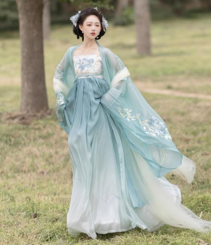 漢服3点セット レディース 唐朝 中国古代服装 振袖羽織カバー付き 大きい花刺繍 ストール付き 中華宮廷 皇后 貴妃 変身 コスプレ衣装 グラデーション 水色 緑色 漢唐古典 漢服ドレス 中華服 チャ