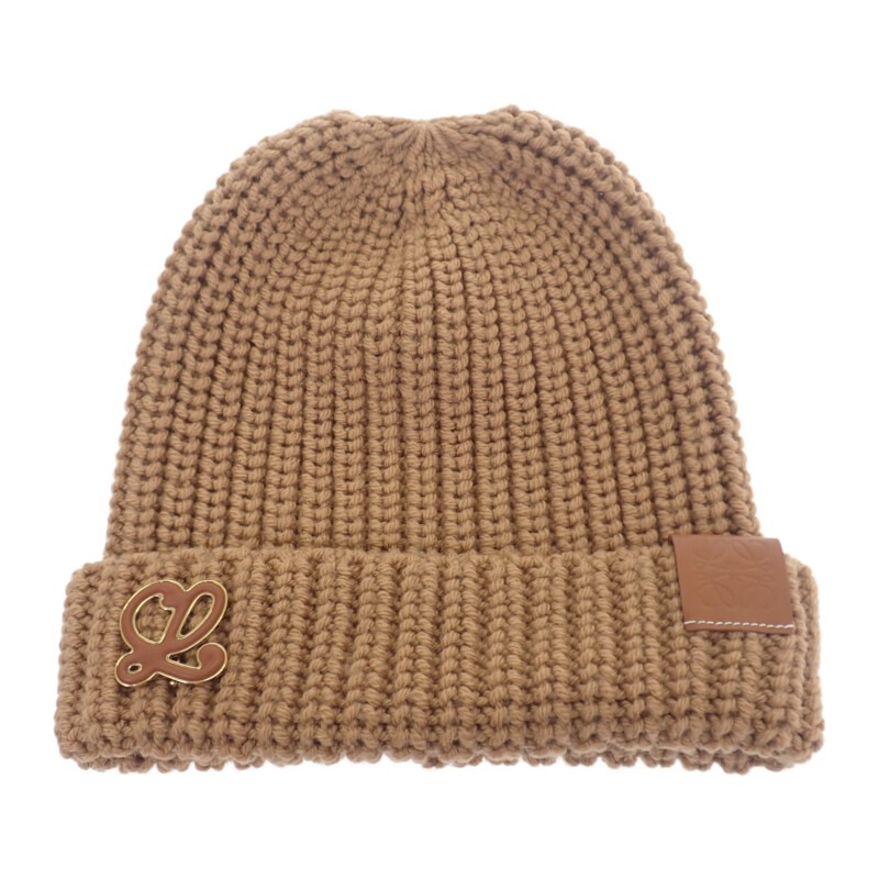 アナグラムブローチビーニー F000487XEK ニットキャップ 帽子 ウール キャメル ブラウン 茶色 メンズ【Aランク】