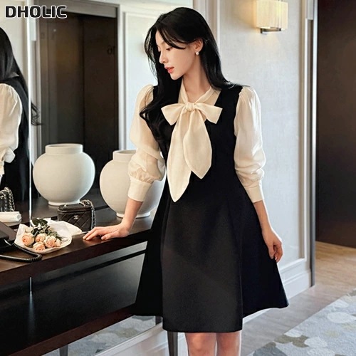 コンビ配色ボウタイミニ長袖ジップアップワンピース・1956317