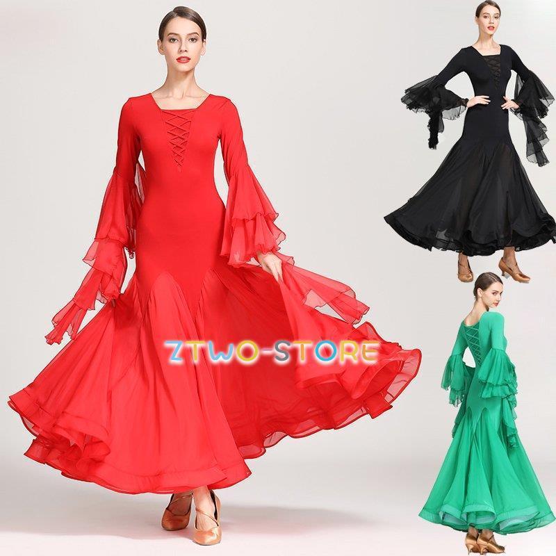 新しい子供用ダンスウェア モダンドレス ラテンドレス 社交ダンス 黒 赤 緑 大きい裾 長袖 ダンス衣装 ワンピース S~2XL 発表会 競技着 練習着 スタンダードドレス 2枚購入で2998円OFF