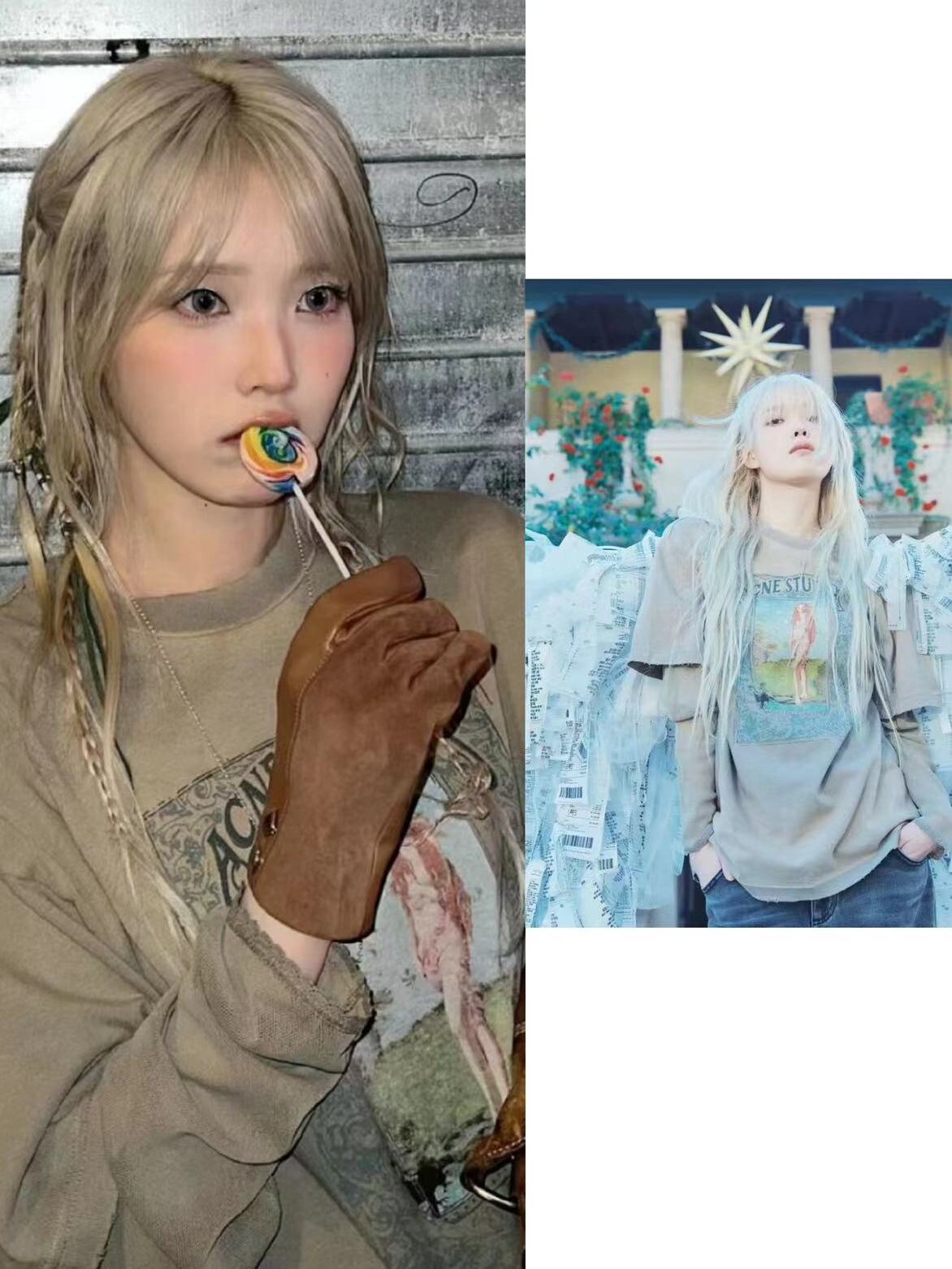 Iu Li Zhienの春と秋の美しいプリントルーズカジュアルフェイクツーピース万能ブラウン長袖トップス