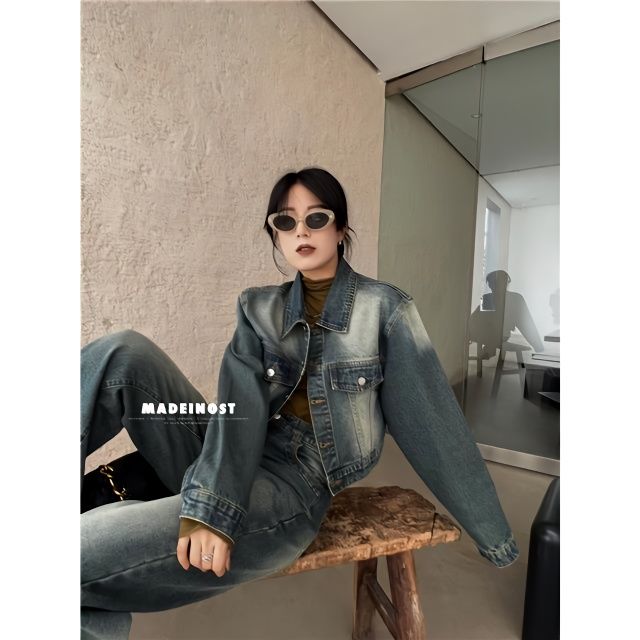 セットアップ高級polo衿 シングルブレスト ダメージ加工デニムショートジャケット 女性用 春秋新作ジャケットトップス