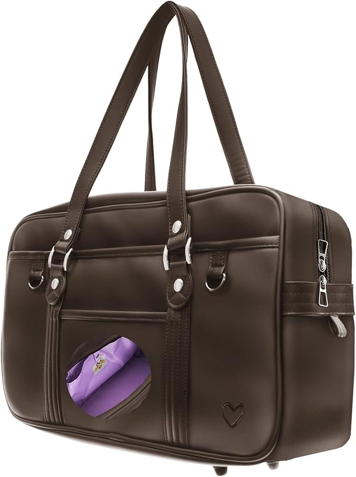 キューティパイ スクバ スクールバッグ 茶色 合皮 高耐久 丈夫 軽い かわいい 持ち手長い 女子高生(ダークブラウン x ラベンダー)