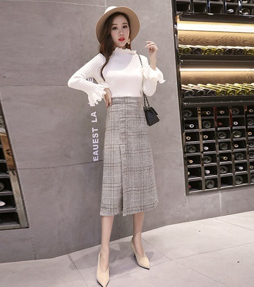 3410.ハイウェストチエック柄スカート（ライトグレー）2019 春夏 sale ボトムス 美ライン おしゃれ きれいめ カジュアル お出かけ お呼ばれ 女子会 通勤 通学 普段使い