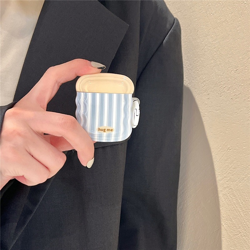 Ins 波状クリームストライプイヤホンカバー Airpods 第 2 世代 Apple ワイヤレス Bluetooth シリコーン Pro