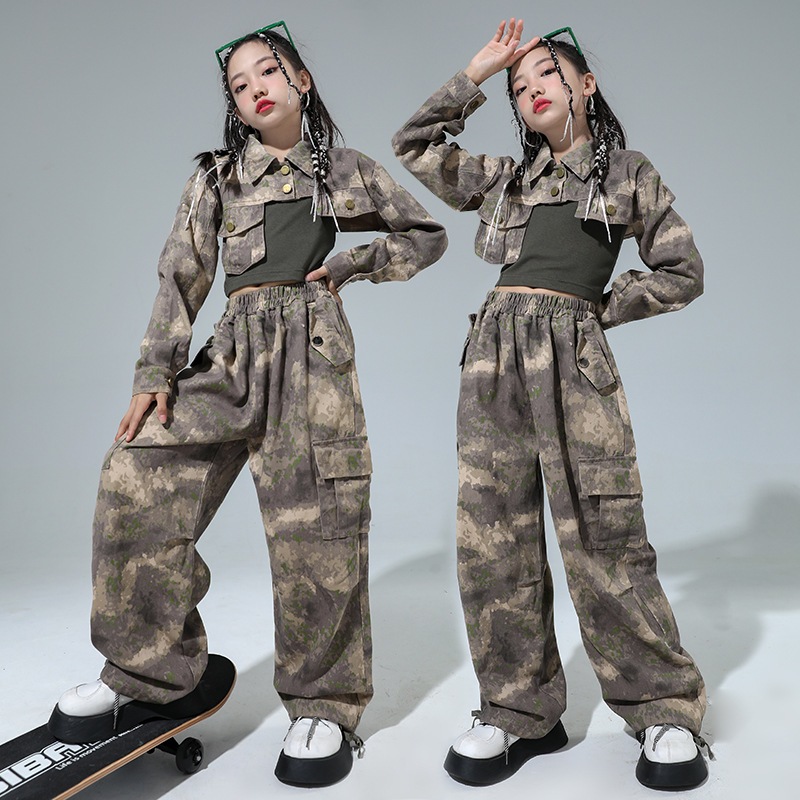 子供用ヒップホップパフォーマンス服迷彩パンツスーツ女の子ヒップホップジャズダンス長袖女性グループ練習パフォーマンス服