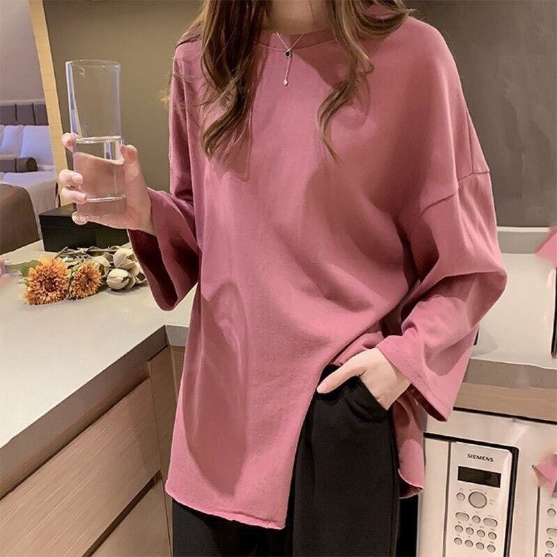 tシャツ レディース体型カバーチュニック日系新作ins流行り七分袖長袖 TシャツコレクションクルーネックトップスTシャツチュニックロンTスウェットチュニック韓国ファッションロンT