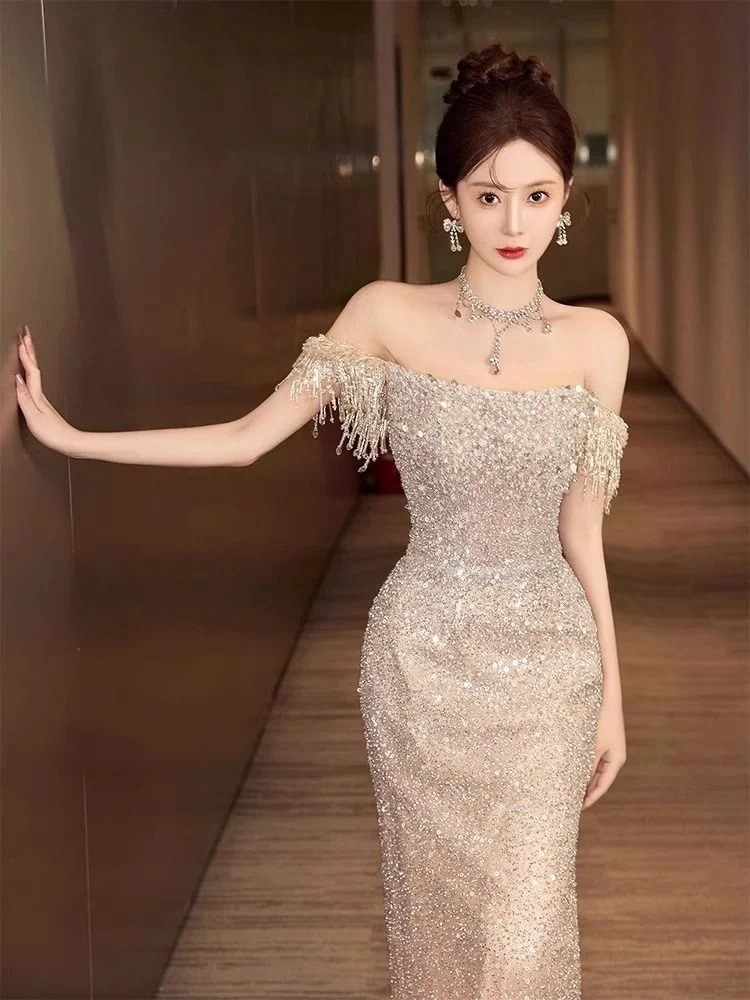ワンショルダードレス2025エレガントな気質ホストマーメイドテールエンゲージメントバンケットスパンコールドレスワンピースドレスドレス