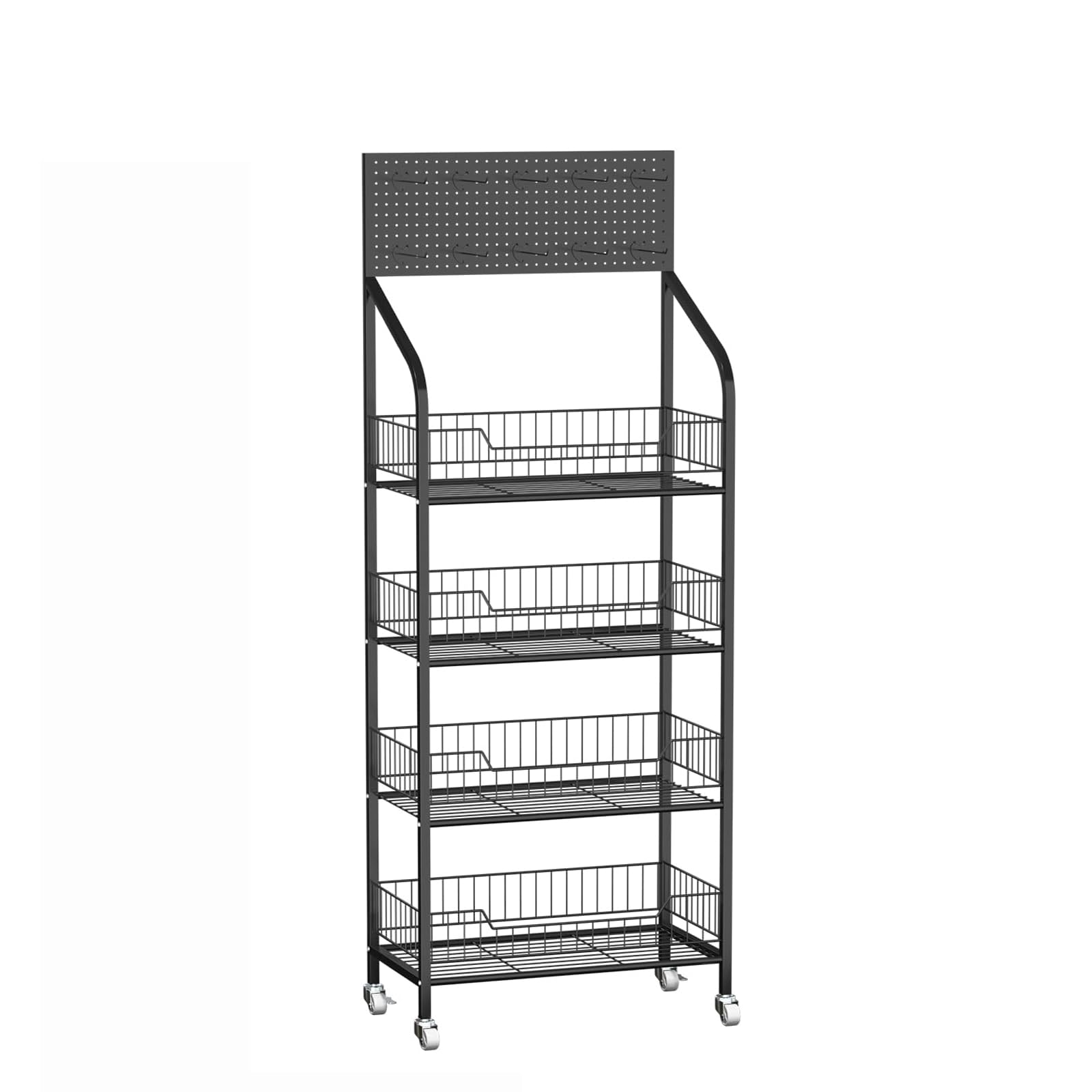 スーパーマーケットの陳列棚 スーパーの棚 4層 ドリンク 小さな食べ物/おもちゃ 収納ラック 壁に向かって 薬局用 台所 コンビニ ヘビーデューティ ホイールとフック付き 多機能 鉄骨 (ブラック 4
