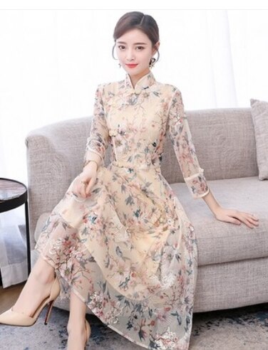 チャイナドレス風ワンピース ワンピース ミモレ丈 袖あり l ハイネック セミフレア かわいい 大人可愛い 上品 花柄 春 秋 20代 30代 40代 レディース お出かけ ホテル レストラン S