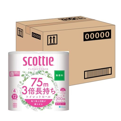 【ケース販売】 スコッティ フラワーパック 3倍長持ち トイレット4ロール 75Mダブル 無香料 ×12パック入りトイレットペーパー