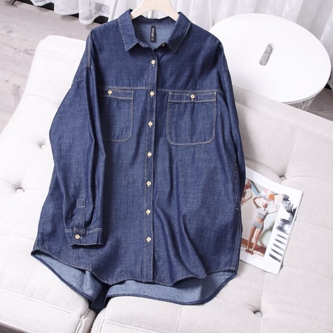 デニムシャツ トップス シャツ ミディアム丈 袖あり 長袖 襟付き ポケット 前開き 綿 薄手 かわいい 大人可愛い シンプル カジュアル 大人 おしゃれ お洒落 レトロ アジアン エスニック
