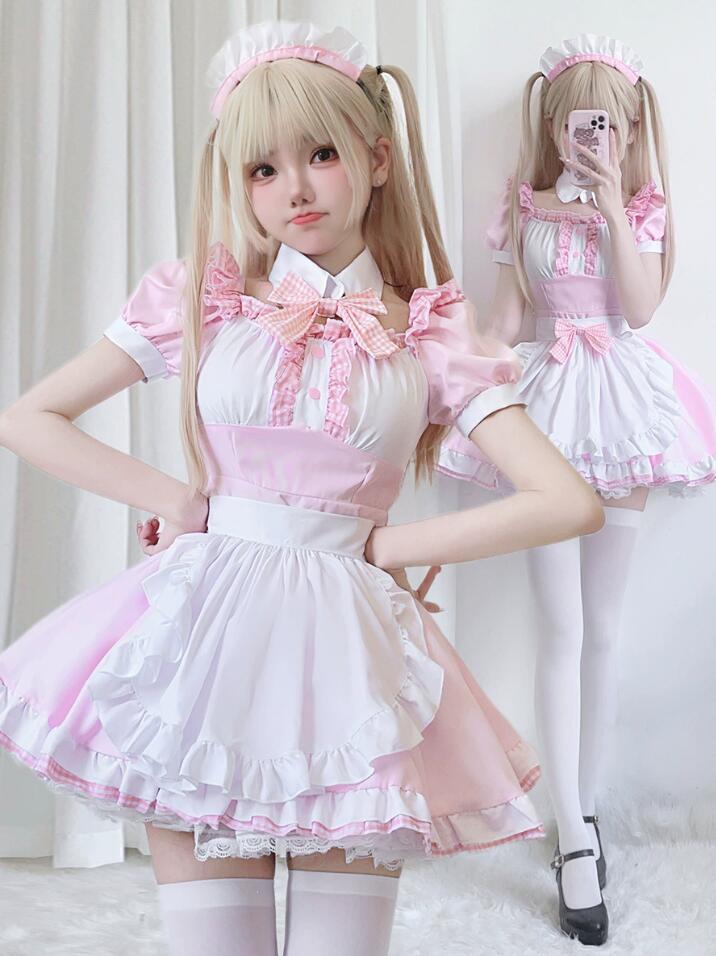 【超人気商品】可愛いロリータワンピース　メイド洋服　ピンク　チェック柄リボン　レディースロリータドレス　4点セット　二次元ロリータドレス　普段着　ゴスロリ Lolita コスプレ cosplayメイド