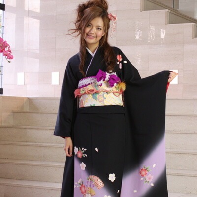 レンタル最大20日間 振袖 レンタル 成人式 セット正絹京友禅 20点フルセット黒 ブラック 紫 パープル 桜 櫛 成人式から結婚式やフォーマルまで