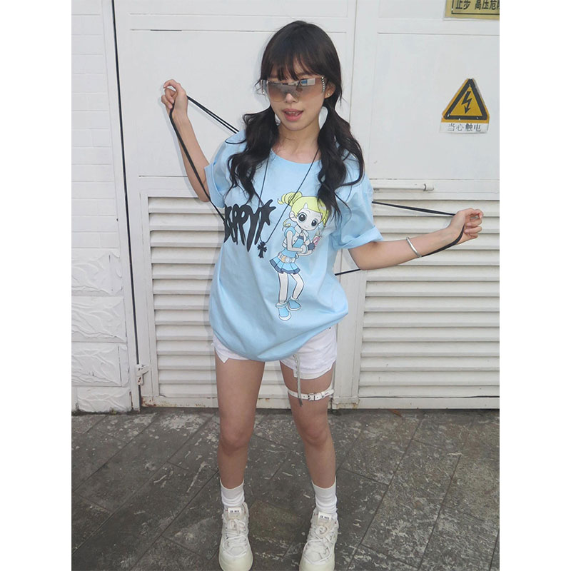 アメリカンレトロ オーバーサイズ 半袖 レディース 夏 パワーパフ ガールズ プリント 右肩 Tシャツ ヘビーカジュアル トップス