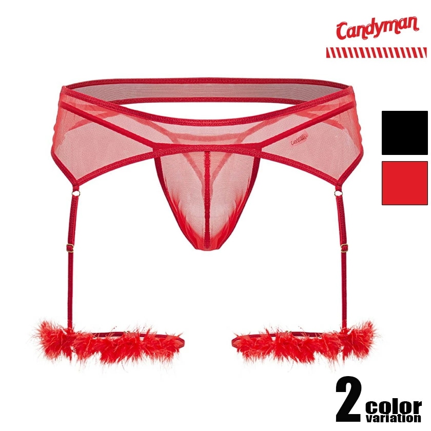 メンズTバック CandyMan/キャンディーマン 99806 Mesh Garter Outfit ガーターベルト メッシュ フェイクファー Tバック 立体縫製　男性下着　メンズ　パンツ　セクシー