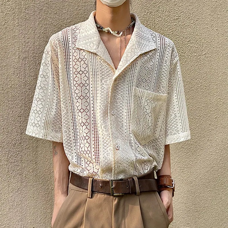開襟シャツ メンズ 半袖 ゆったり 薄手 パンチング レース 透け感 トップス レディース ユニセックス 黒 杏色 UVカット 男女兼用 ストリート系 夏