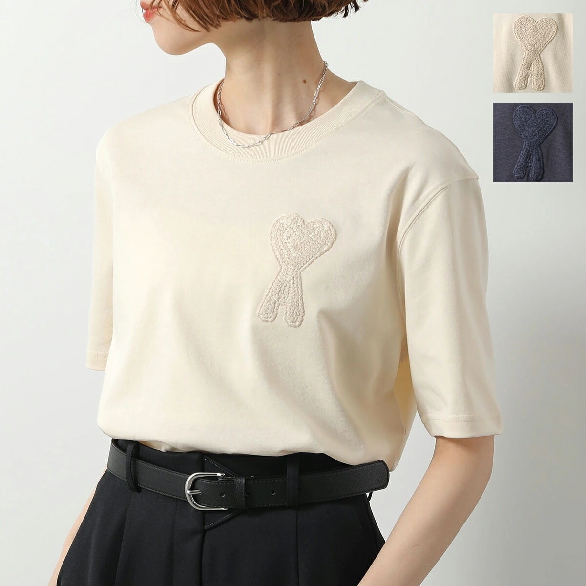 ami paris アミパリス Tシャツ Ami de Coeur HTS055.726 レディース 半袖 カットソー コットン クルーネック ハート ロゴ 刺繍 オーバーサイズ カラー2色