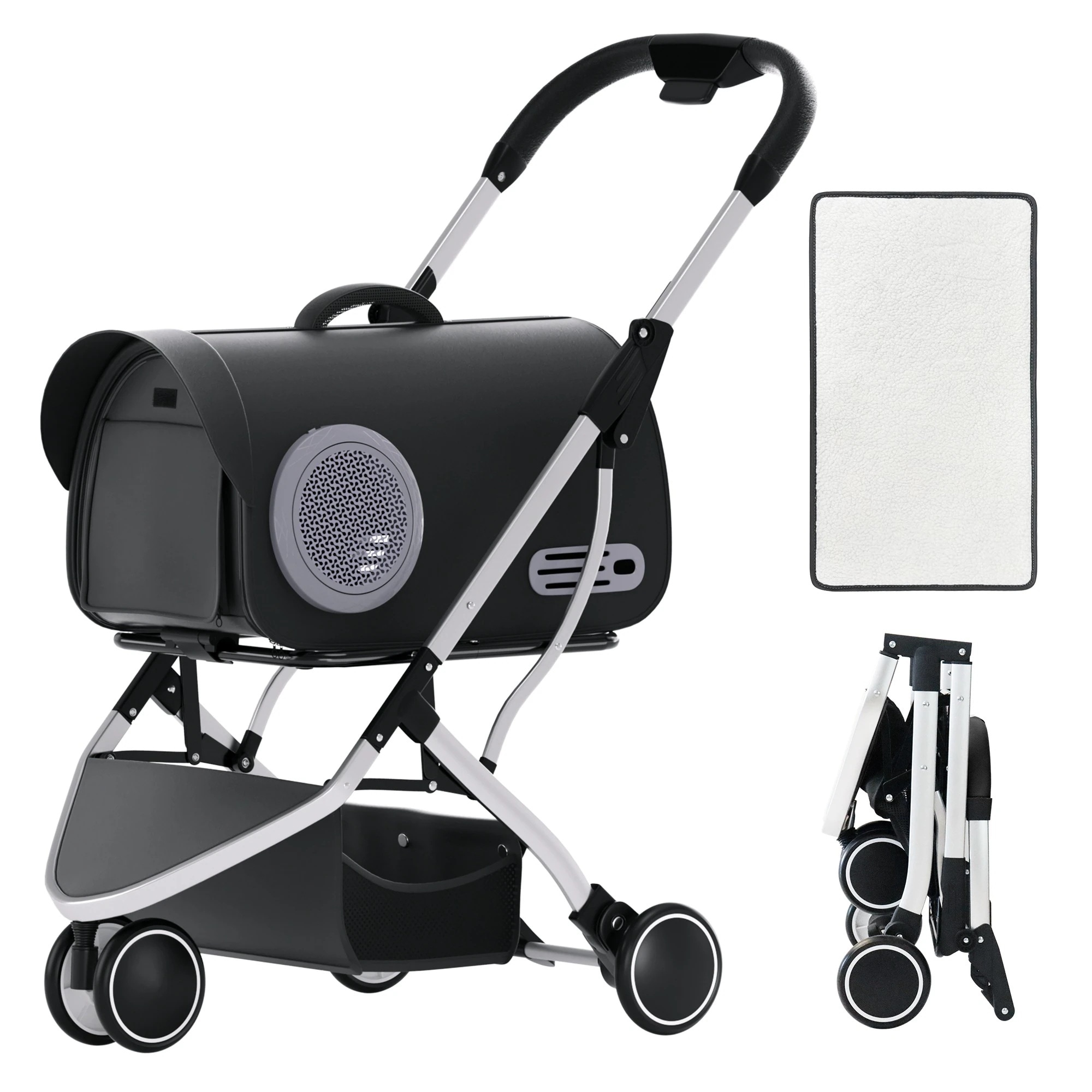 【大好評！最安値挑戦!】ペットカート 猫犬 ベビーカー アルミ 分離型 収納 コンパクト 3Way 折りたたみ 3輪 前輪360回転 後輪ブレーキ付 飛び出し防止 猫 小型犬 中型犬 軽量 耐荷重15