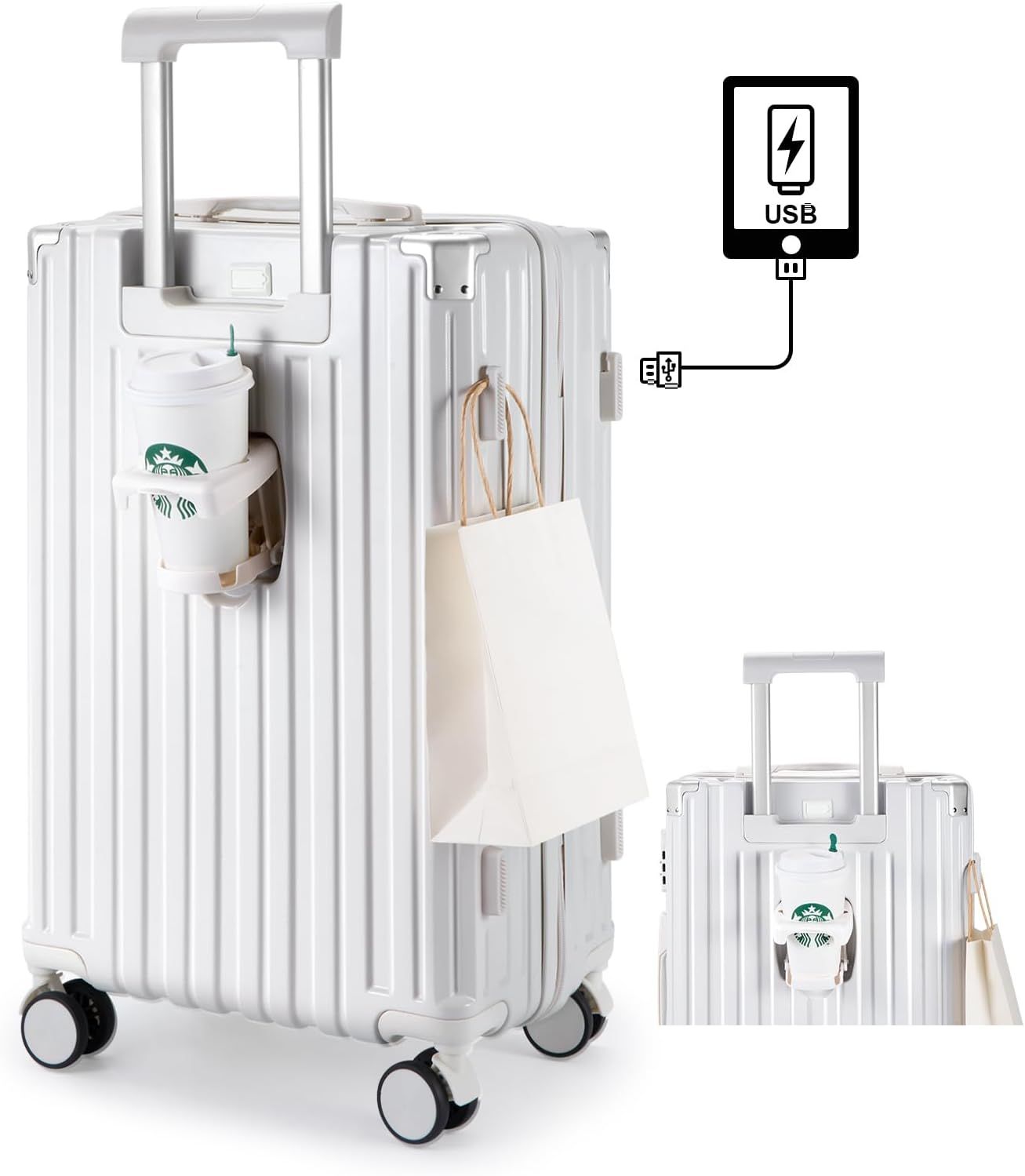 スーツケース 機内持ち込み キャリーケース カップホルダー付き キャリーバッグ USBポート付き 隠しフック機能 充電機能 大型 静音 ダブルキャスター 耐衝撃 360度回転 軽量 修学 泊まる 旅行