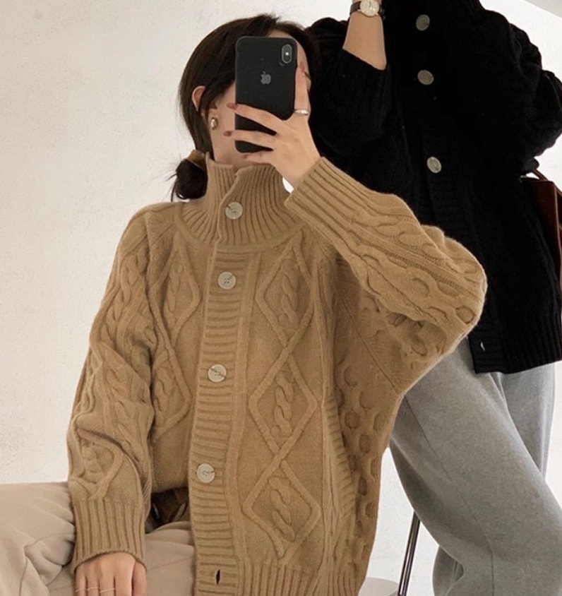 デート モテアイテム カーディガン ざっくりニット 長袖 ハイネック クロシェ 編み込み ウール 可愛い きれいめ 上品 おしゃれ かっこいい 可愛い ラブリー キュート ガーリー クール