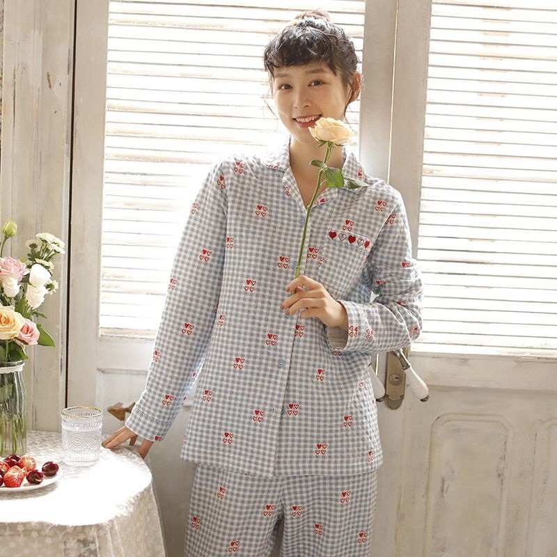 ブルーチェック　ハート刺繍　キルティング　ルームウェア　2点セット　レディースパジャマ