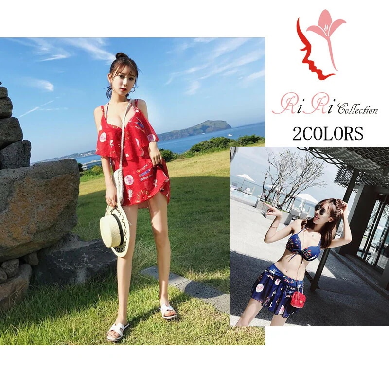 新作 -f113 2カラー レッド ブルー 水着 ワンピース スカート フレア フリル レディース水着 オフショル バンドゥ ビキニ ペア セクシー パッド付 レース お揃い