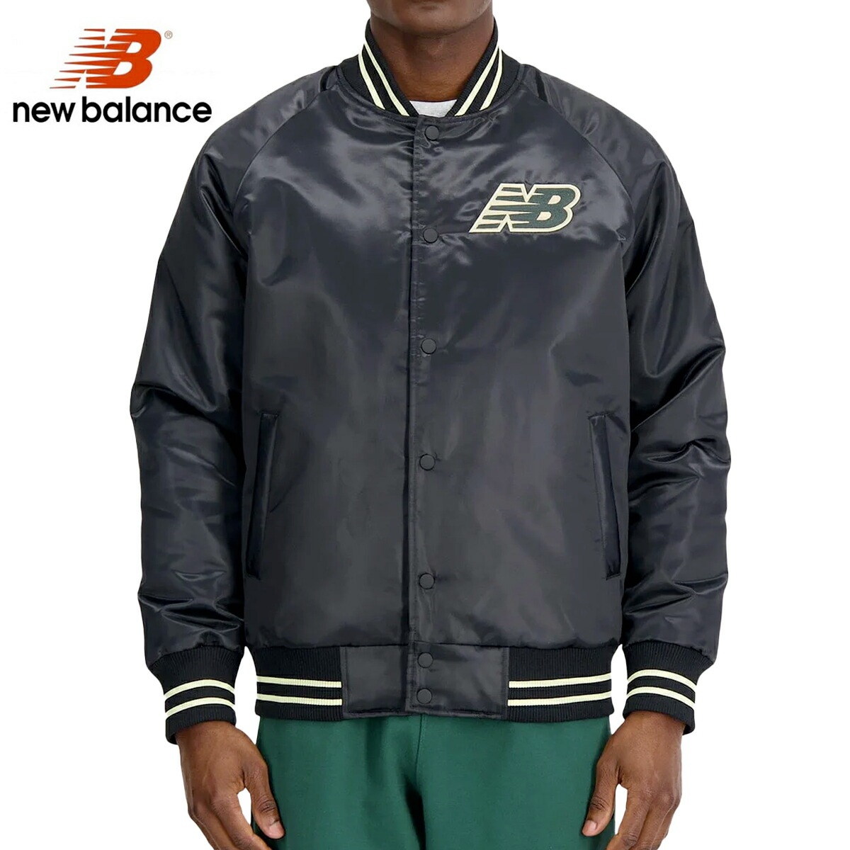 NEW BALANCE ATHLETICS VARSITY SATIN BOMBER JACKET BLACK