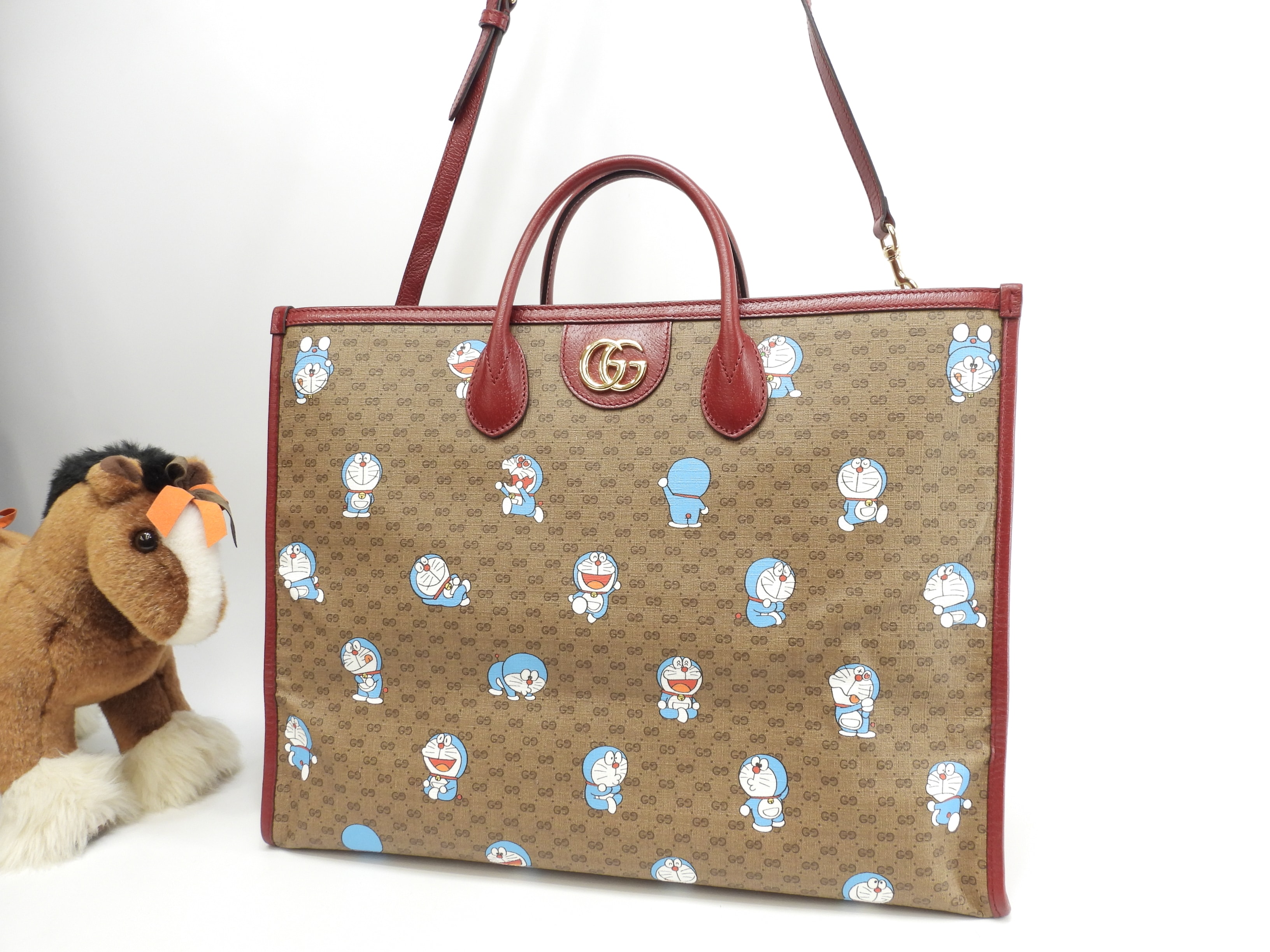 s付トートバッグ大 ドラえもん マイクロGG茶赤 ハンドバッグ大 ショルダーバッグ 美品@ 10