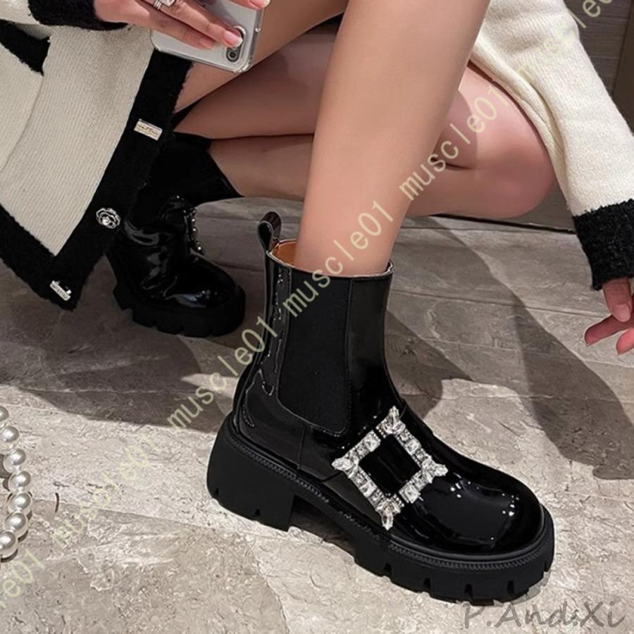 レディース ショートブーツ 厚底 ニット スリップオン スタイルアップ ラウンドトゥ レディースブーツ 太ヒール 厚底ブーツ ハイヒールブーツ レディース靴