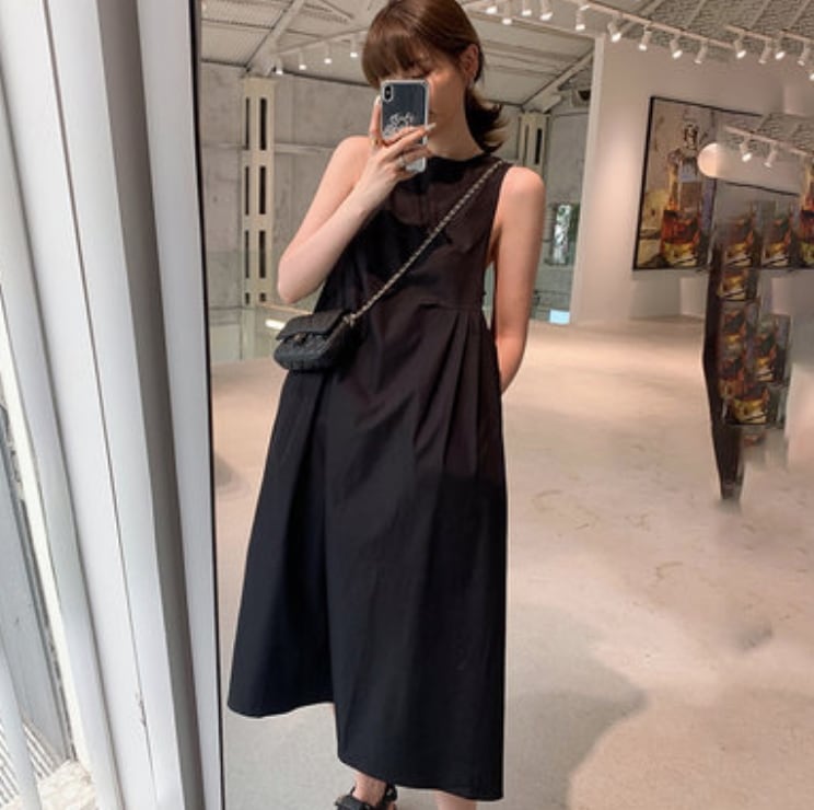 ワンピース フレア セミフレア ロング ミモレ ノースリーブ ラウンドネック ウエストギャザー 大人可愛い きれいめ シンプル 上品 おしゃれ 無地 春 夏 リゾート デート 重ね着 モテ S L