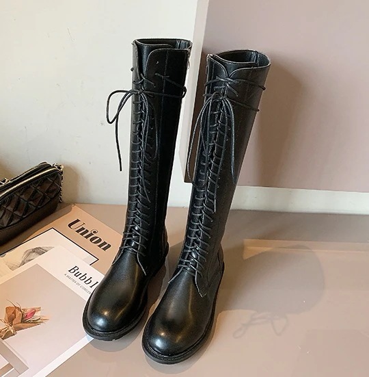 レースアップロングブーツ シューズ 靴 くつ ブーツ レディースシューズ ロングブーツ ヒール 3cmヒール 厚底 ラウンドトゥ PU 大人可愛い きれいめ シンプル カジュアル 大人 おしゃれ