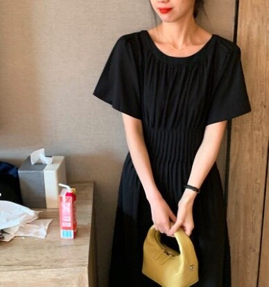 ワンピース レディース ロング丈 ワンピドレス 半袖 ラウンドネック フレア ハイウエスト ウエスト切り替え ウエストゴム ブラック きれいめ カジュアル 上品 デイリー 休日 おでかけ リラックス
