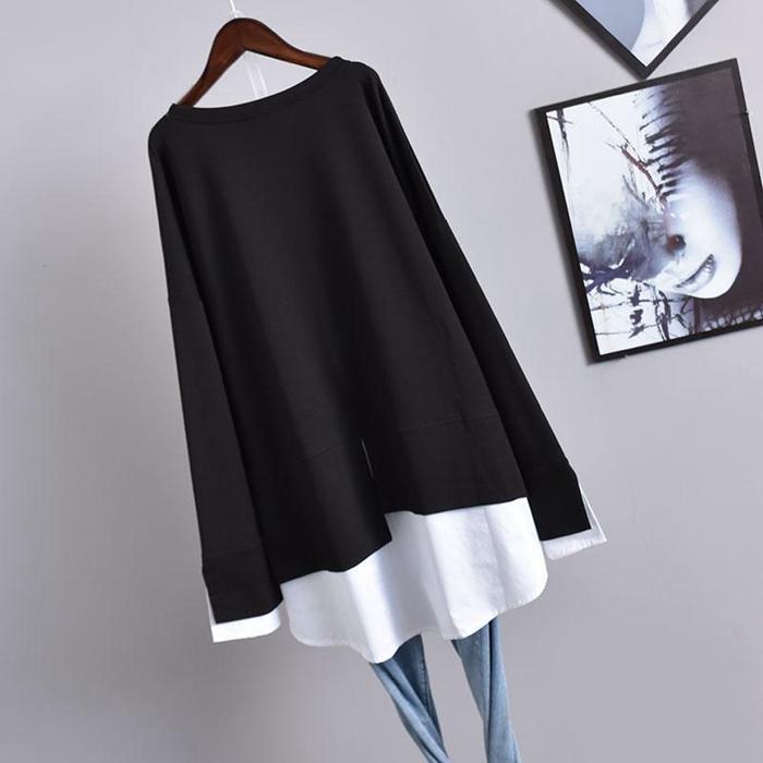 重ね着風 Tシャツ チュニック 長袖 レディース カットソー 配色 切り替え アシンメトリー クルーネック スリット 無地 体型カバー