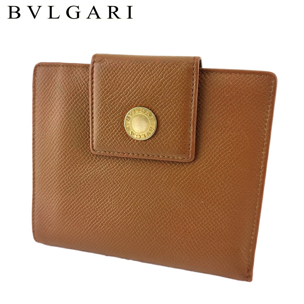 二つ折り 財布 ミニ財布 クラシコ レディース メンズ ロゴボタン ライトブラウン ゴールド 中古