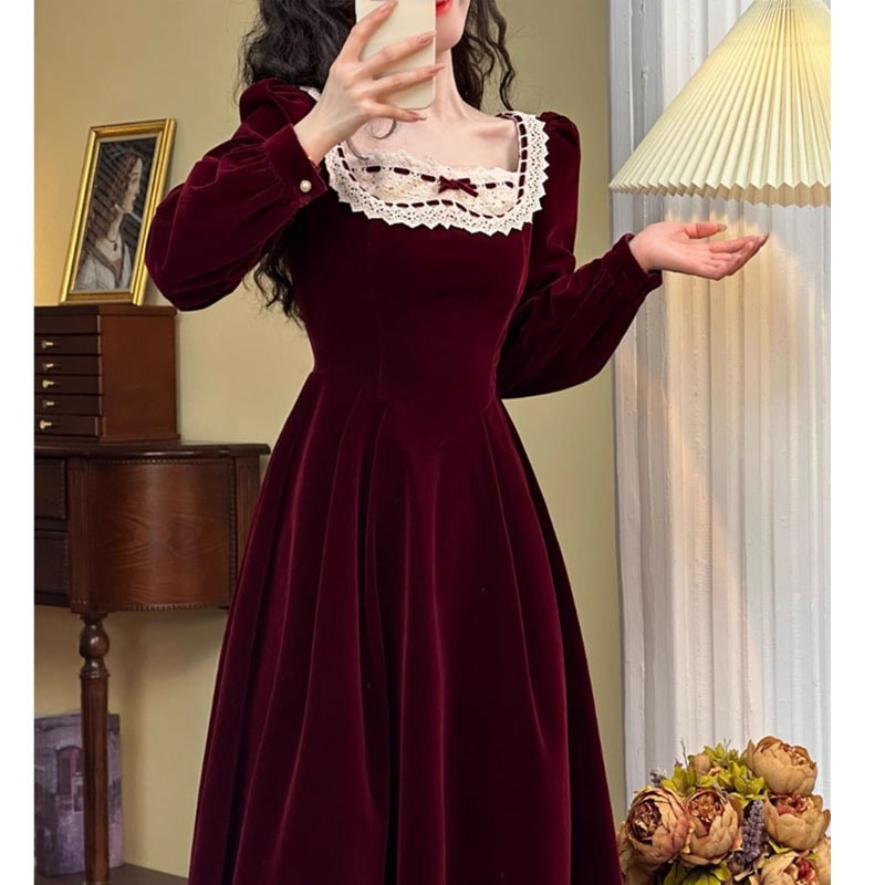 千金ジャカードワインレッドベルベットドレス女性の秋冬長袖レトロ気質スカート2023