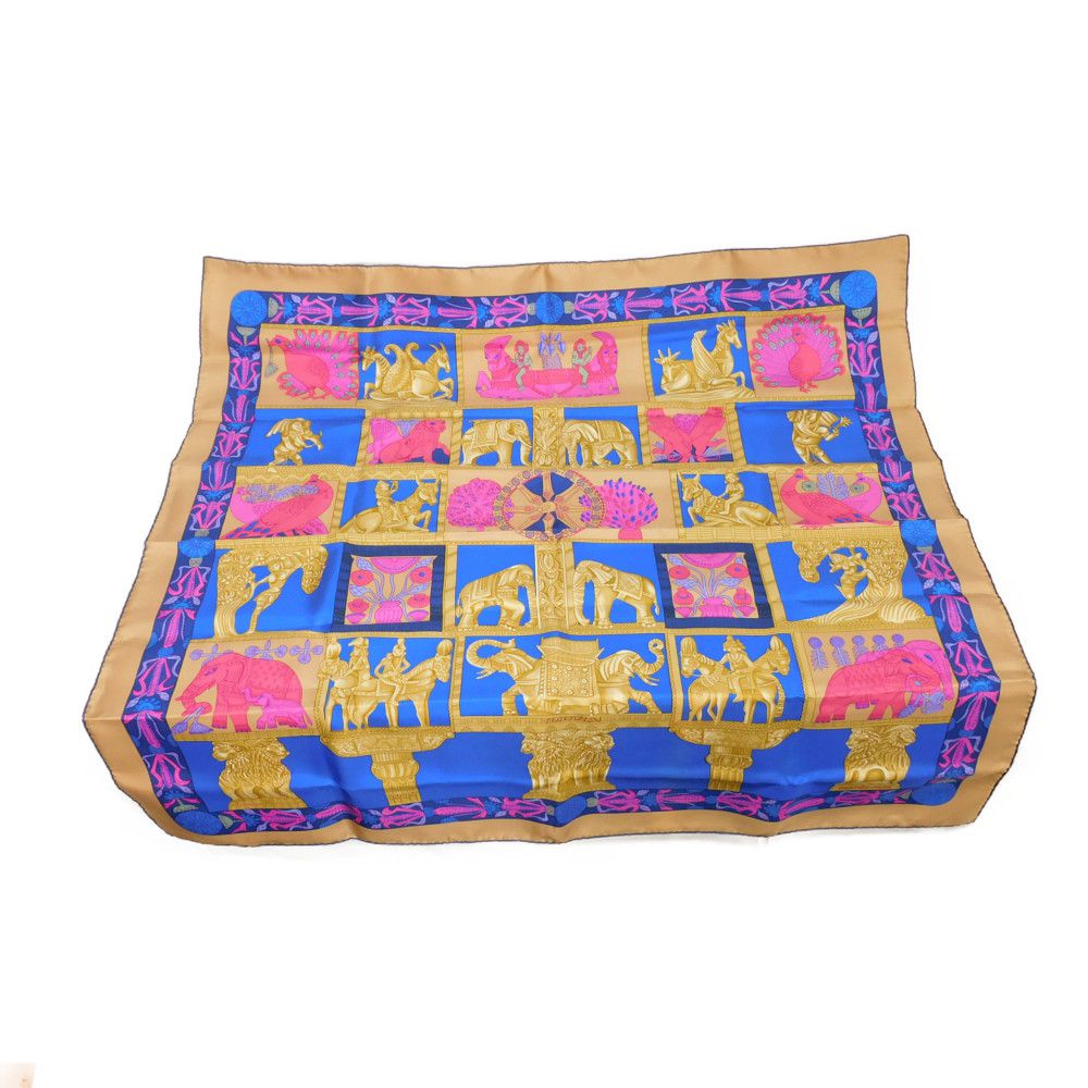 【中古】 スカーフ TORANA トラーナ 古代インド マウリヤ王朝 パープル ピンク マルチカラー カレ 90 塔門