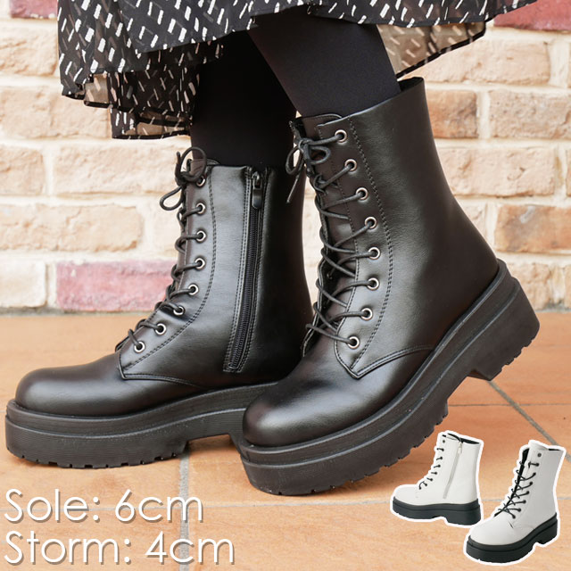 レディース 厚底ブーツ レースアップブーツ 編み上げブーツ チャンキー 靴 2696 ミドルブーツ ブラック アイボリー カジュアルシューズ 歩きやすいサイドジップ 約6cmヒール