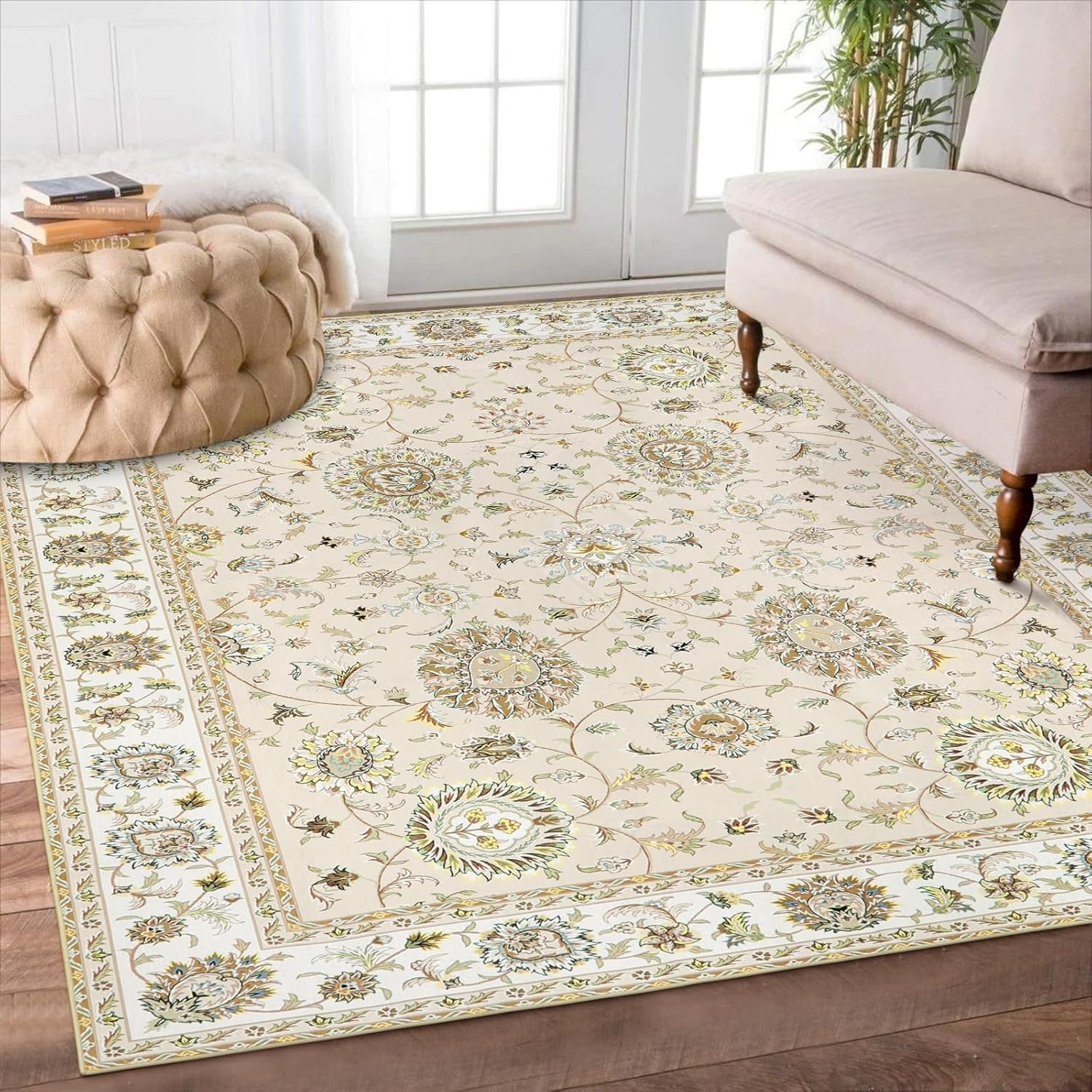 ラグ カーペット 2畳 ペルシャ絨毯風 おしゃれ 洗える 185х185cm 正方形 耐磨耗性 すべり止め 低反発 防音 室内用 ラグマット シェニール オールシーズン適用 抗菌防臭 軽量 ベージュ